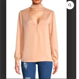 L'ACADEMIE | The Harper Choker Long Sleeve V Neck Blouse in Rose Pink Sz XS